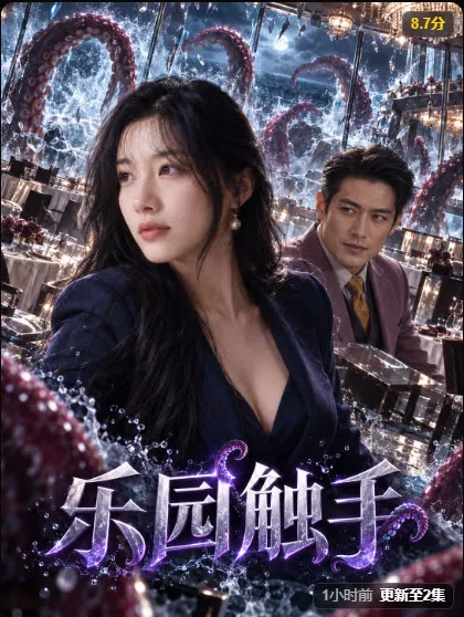 都市剧情短剧海报，女主浅笑站在画面中央