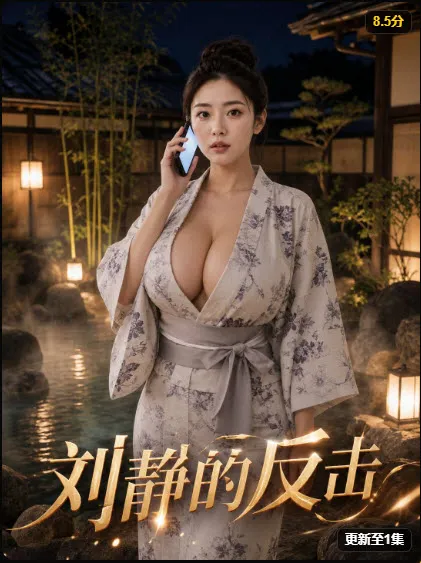 和风背景短剧海报，女主在温泉边接听电话