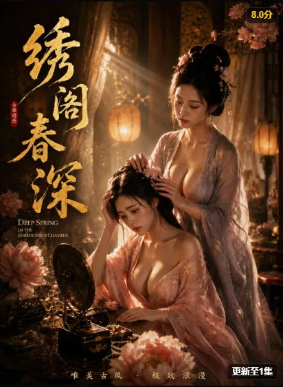 古风短剧海报，两位女子在闺阁镜前梳妆
